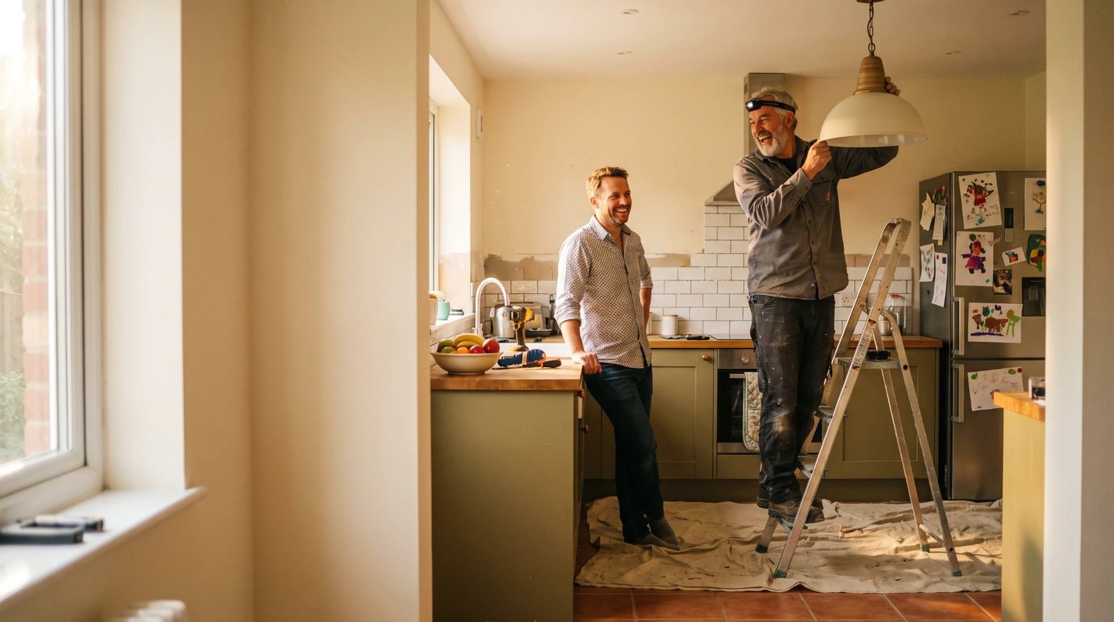 A tradesman wearing a headlamp on a stepladder holding up a pendant light in a kitchen under renovation, while a smiling homeowner leans on the counter beside him