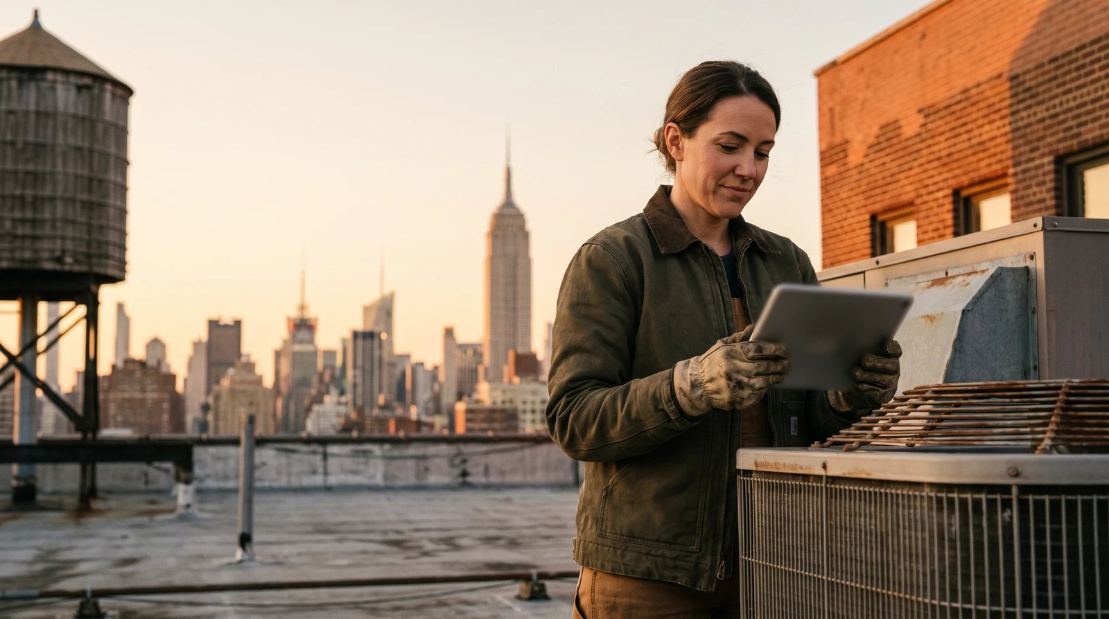 A technician in an olive work jacket and dirty gloves checking a tablet beside a rooftop air conditioning unit, with a wooden water tower and the Empire State Building behind her at sunset