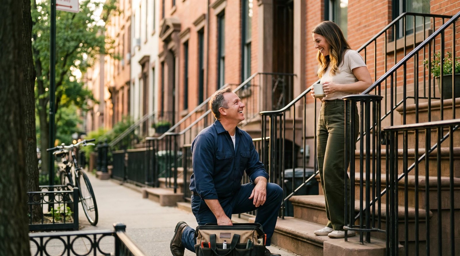 A smiling technician in navy coveralls kneeling beside an open tool bag on a tree-lined sidewalk, laughing with a woman holding a coffee mug on a brownstone stoop